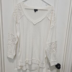 Torrid Cream Crochet-Accent Waffle Knit V-Neck Top